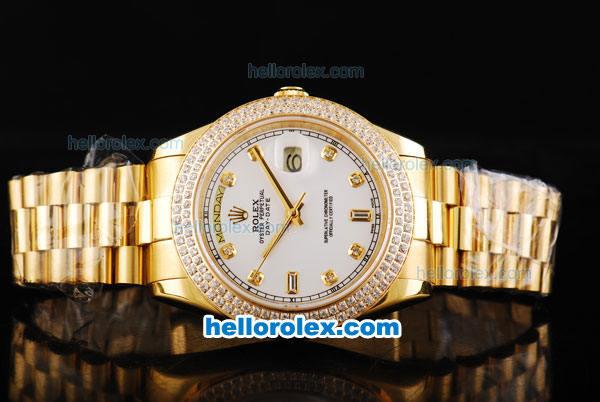 Rolex Day-Date II Automatic Movement Full Gold with Double Row Diamond Bezel-White Dial and Diamond Markers - Click Image to Close